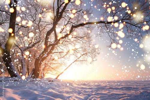 Foto-Schiebegardine ohne Schienensystem - Christmas background. Magic glowing snowflakes in winter nature landscape. Beautiful winter scene with bokeh. Winter fairytale. Illuminated lights (von dzmitrock87)