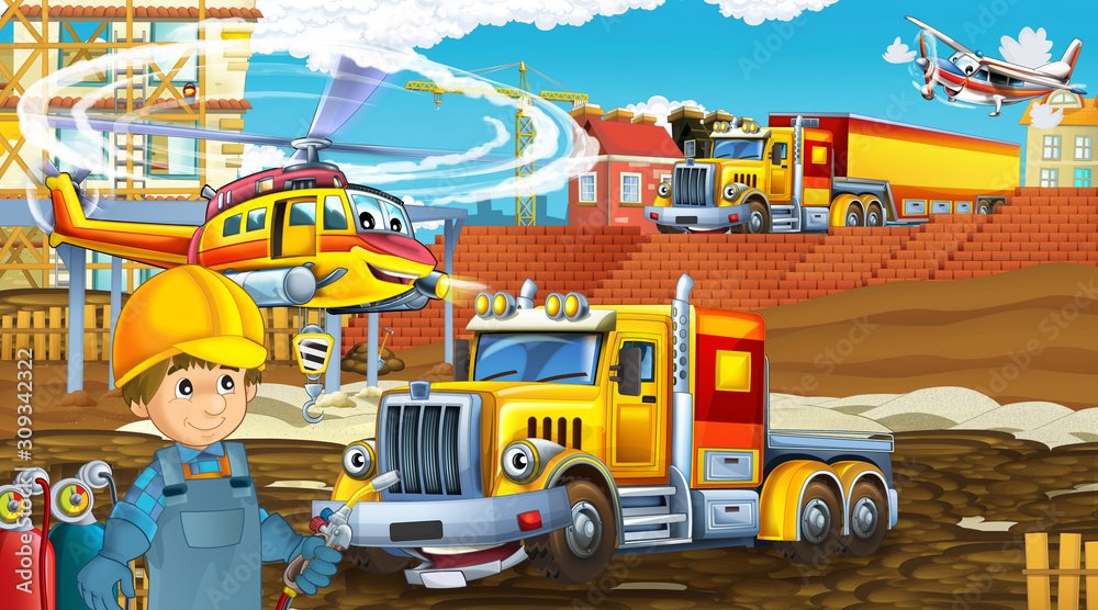 Foto-Schmutzfangmatte - cartoon scene with industry cars on construction site and flying helicopter and plane - illustration for children