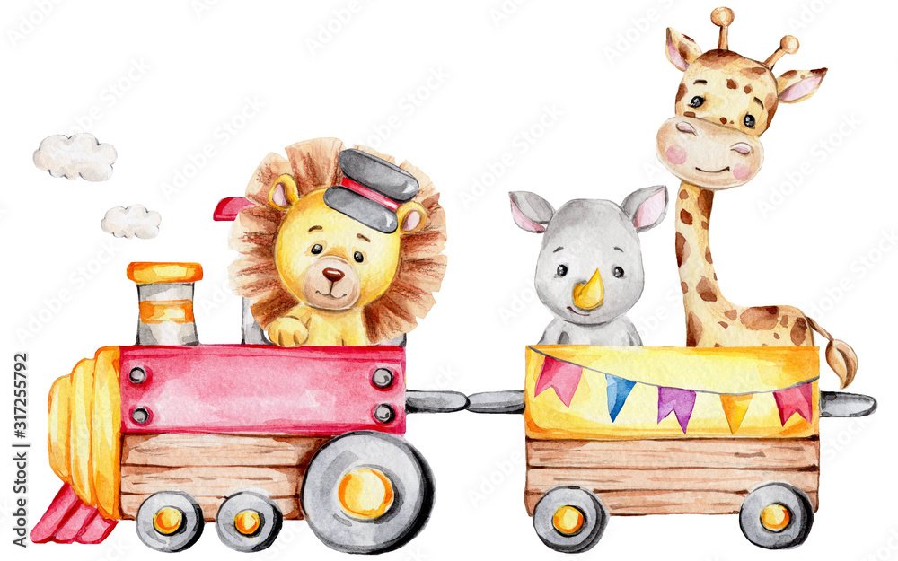 Foto-Schmutzfangmatte - Cartoon train with driver lion and rhinoceros and giraffe; watercolor hand draw illustration; with white isolated background
