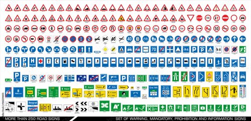 Foto-Banner aus PVC - More than 250 road signs. Collection of warning, mandatory, prohibition and information traffic signs. European traffic signs collection. Vector illustration.  (von Dejan Jovanovic)