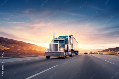 Foto-Fußmatte - American style truck on freeway pulling load. Transportation the (von dell)