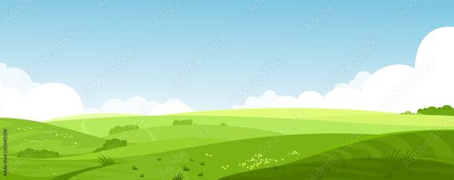 Jalousie-Rollo - Vector illustration of beautiful summer fields landscape with a dawn, green hills, bright color blue sky, country background in flat cartoon style banner. (von Natalia)