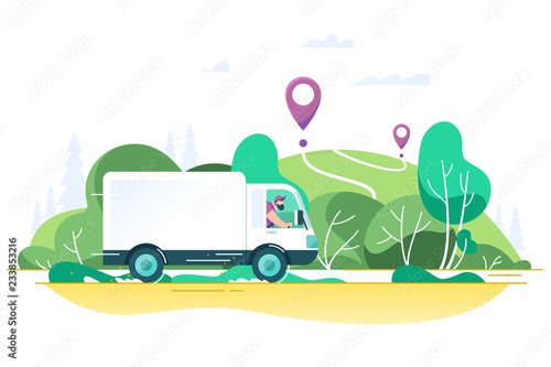 Foto-Banner aus PVC - Flat delivery truck with man is carrying parcels on points. (von Nataliya Kalabina)