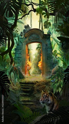 Jalousie-Rollo - Beautiful dreamy tropical landscape with ancient gate, jungle with tiger, snake and monkeys (von Kanea)