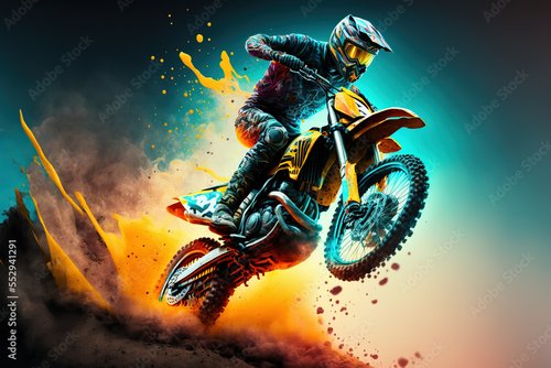 Foto-Leinwand mit Rahmen - Dirt bike rider doing a big jump. Supercross, motocross, high speed. Sport concept. Digital art (von Katynn)