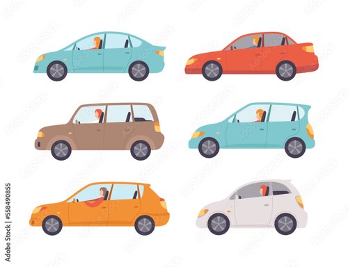 Foto-Schiebevorhang (ohne Schiene) - People driving cars set. Side view of driver's sitting in sedan car flat vector illustration (von topvectors)