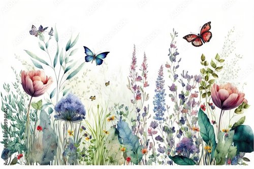 Jalousie-Rollo - Bordure horizontale harmonieuse avec fleurs multicolores abstraites, feuilles et plantes vertes, papillons volants. Motif isolé à l'aquarelle sur fond blanc, prairie d'été illustration panoramique. (von Merilno)