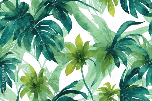 Jalousie-Rollo - A continuous belt of tropical vegetation. Wallpaper pattern painted in watercolor. Picturesque tropical setting with palm palms. Framed with a hand-painted canvas Generative AI (von MUNUGet Ewa)