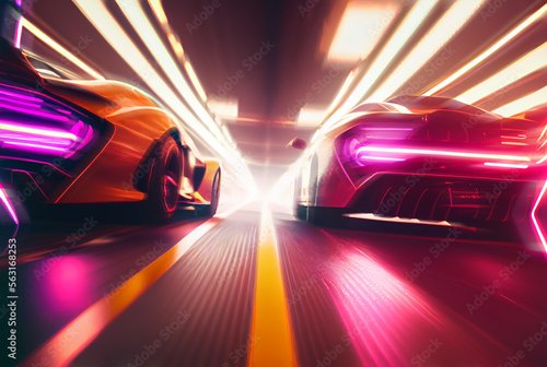 Foto-Rollo - Two supercars racing in neon light tunnel. Generative AI. (von Windawake)