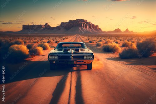 Foto-Doppelrollo - muscle car on desert road, Generative AI (von scrawled soul)