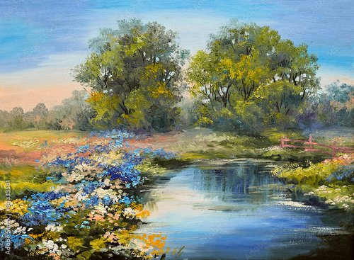Jalousie-Rollo - Oil painting landscape - river in the forest, colorful fields of flowers (von Fresh Stock)