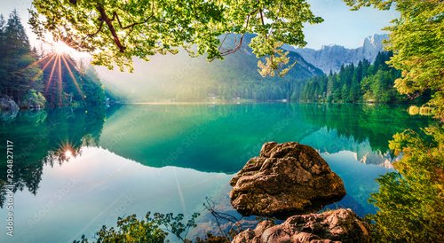 Jalousie-Rollo - Impressive morning view of Fusine lake. Attractive summer scene of Julian Alps with Mangart peak on background, Province of Udine, Italy, Europe. Traveling concept background. (von Andrew Mayovskyy)