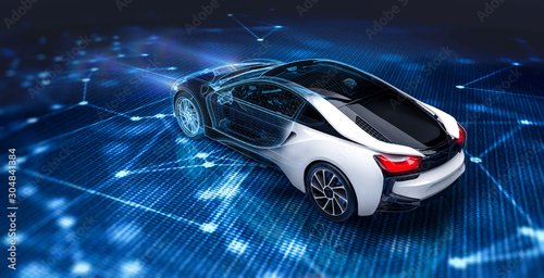 Foto-Vorhang - Futuristic car technology concept with wireframe intersection (3D illustration) (von Open Studio)