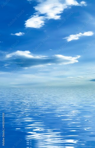 Jalousie-Rollo - Blue sky with clouds, horizon, sunlight reflected in water, clouds, waves. Empty sea landscape, natural empty scene. 3D illustration (von MiaStendal)