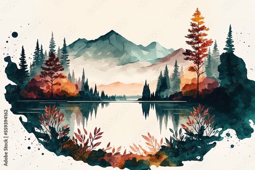 Jalousie-Rollo - Mountains, forests, and a lake are shown in a watercolor scene. Autumnal landscape. Beautiful woodland picture with a trip feel. Generative AI (von 2ragon)