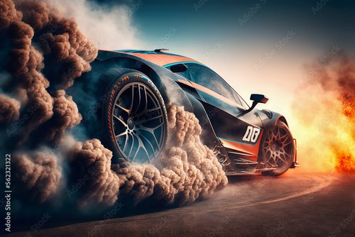 Fototeppich - Sport Car Raceing on race track , Car wheel drifting , Generative Ai (von Atchariya63)