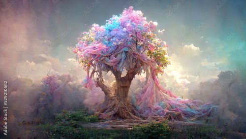 Jalousie-Rollo - fantastic landscape with a fantasy tree of desires in pink-blue colors (von Ivan Traimak)