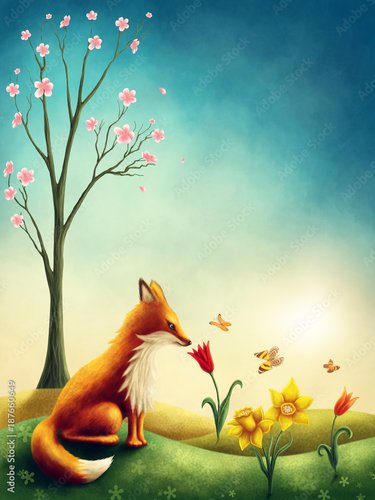 Foto-Kissen premium - Illustration of a little red fox (von Elena Schweitzer)