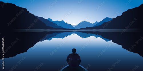 Jalousie-Rollo - Un homme zen, assis à l’avant d’une barque, médite en contemplant le paysage calme et magnifique d’un lac entouré de montagnes. (von pict rider)