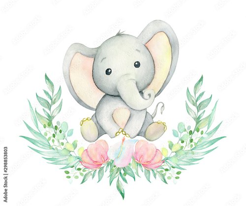 Foto-Fußmatte - Elephant watercolor drawing. Cute baby elephant, sitting, surrounded by a wreath of tropical plants and flowers . Set on isolated background. For children's cards and invitations. (von Natalia)