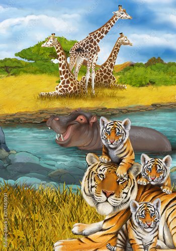 Dekostoffe - cartoon scene with hippopotamus hippo swimming in river near the meadow and giraffes resting illustration for children (von honeyflavour)