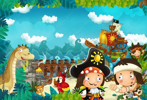 Dekostoffe - cartoon scene in the jungle near the sea on the stage and camp fire and pirate ship - illustration for children (von honeyflavour)