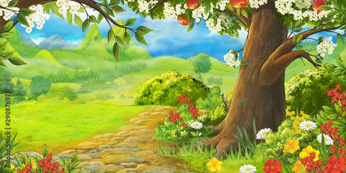 Foto-Fußmatte - cartoon summer scene with path in the forest or garden - nobody on scene - illustration for children (von honeyflavour)