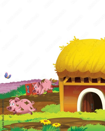 Fotovorhang - cartoon scene with pig on a farm ranch having fun on white background - illustration for children (von honeyflavour)