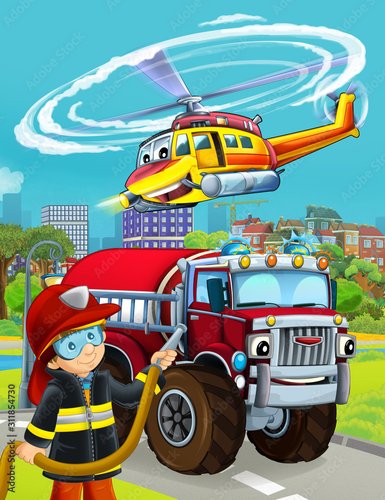 Fotovorhang - cartoon scene with fireman vehicle on the road - illustration for children (von honeyflavour)