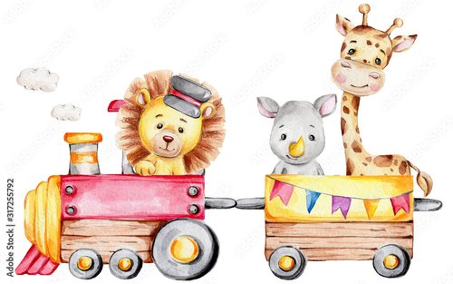 Foto-Fußmatte - Cartoon train with driver lion and rhinoceros and giraffe; watercolor hand draw illustration; with white isolated background (von Нина Новикова)