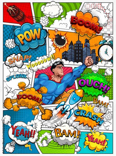 Foto-Kissen premium - Comic book page divided by lines with speech bubbles, rocket, superhero and sounds effect. Retro background mock-up. Illustration (von yayasya)