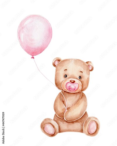 Foto-Fußmatte - Cute cartoon teddy bear and pink balloon; watercolor hand drawn illustration; with white isolated background (von Нина Новикова)